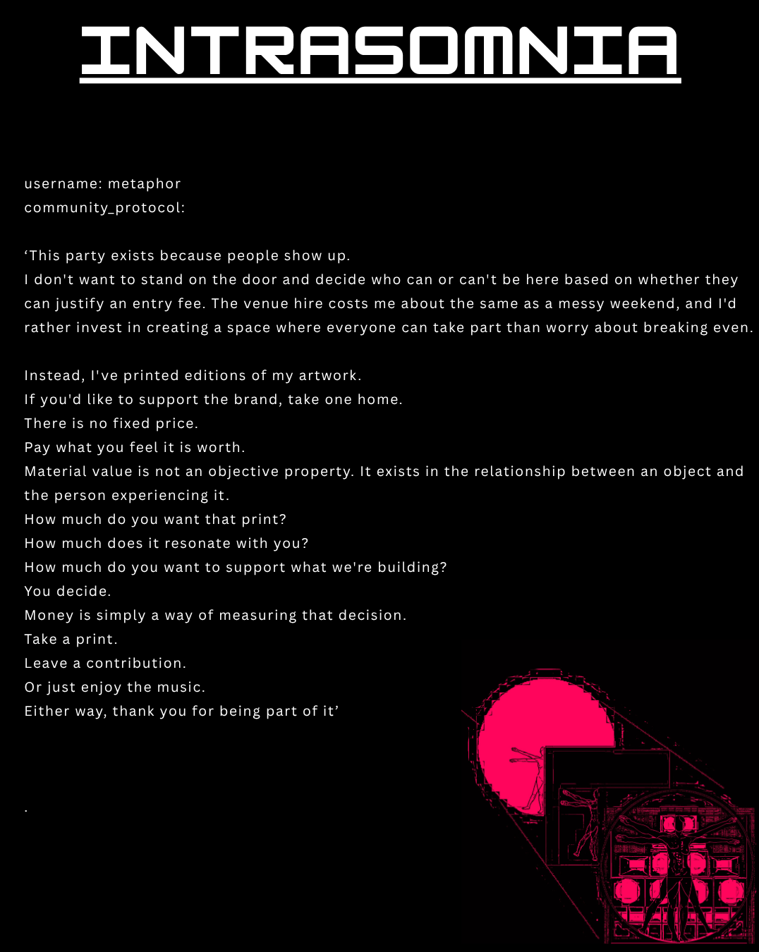 INTRASOMNIA community protocol — free entry, pay-what-you-feel artwork support